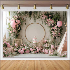 Lofaris Pink Floral Birthday Backdrop with Golden Arch and Balloons, Elegant Photo Background for Cake Smash Party Decor