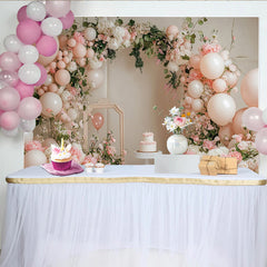 Lofaris Elegant Pink Floral Birthday Backdrop with White Balloons and Arch, Beautiful Party Decor for Cake Smash Photoshoot