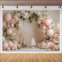Lofaris Elegant Pink Floral Birthday Backdrop with White Balloons and Arch, Beautiful Party Decor for Cake Smash Photoshoot