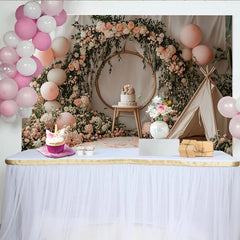 Lofaris Pink Floral Baby Shower Backdrop with Golden Arch and Balloons, Charming Photography Background for Baby Girl Party Decor
