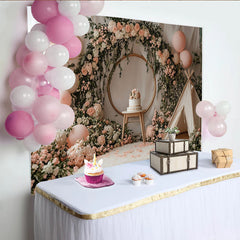 Lofaris Pink Floral Baby Shower Backdrop with Golden Arch and Balloons, Charming Photography Background for Baby Girl Party Decor