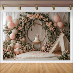 Lofaris Pink Floral Baby Shower Backdrop with Golden Arch and Balloons, Charming Photography Background for Baby Girl Party Decor