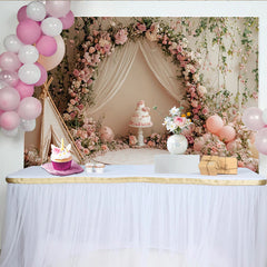 Lofaris Pink Floral Birthday Backdrop with Teepee and Balloons, Elegant Cake Smash Photography Background for Girls Party