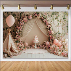 Lofaris Pink Floral Birthday Backdrop with Teepee and Balloons, Elegant Cake Smash Photography Background for Girls Party
