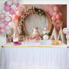 Lofaris Pink Floral Birthday Backdrop with Balloons and Teepees, Elegant Party Decor for Cake Smash Photoshoot
