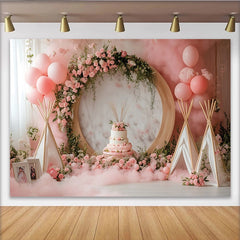 Lofaris Pink Floral Birthday Backdrop with Balloons and Teepees, Elegant Party Decor for Cake Smash Photoshoot