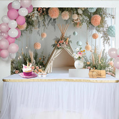 Lofaris Boho Floral Baby Shower Backdrop with Teepee and Peach Blue Decor, Elegant Photography Background for Newborn Party