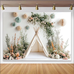 Lofaris Boho Floral Teepee Photography Backdrop with Pastel Flowers, Whimsical Studio Background for Baby and Child Photoshoot