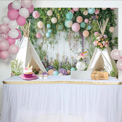 Lofaris Whimsical Floral Photography Backdrop with Teepee Tents and Pastel Flowers, Studio Background for Baby Shower or Birthday Party Decor
