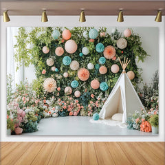 Lofaris Whimsical Floral Greenery Photography Backdrop with Pastel Lanterns, Elegant Studio Background for Baby and Child Photoshoot