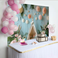 Lofaris Boho Baby Shower Backdrop with Teepee Tent and Pastel Honeycomb Decor, Woodland Photography Background for Newborn Photoshoot
