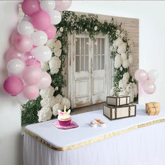 Lofaris Rustic White Door Wedding Backdrop with Hydrangeas and Greenery, Elegant Floral Photography Background for Bridal Shower Decor