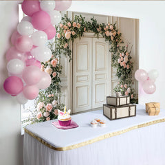 Lofaris Elegant White Door Floral Photography Backdrop with Pink Roses, Romantic Greenery Background for Wedding or Studio Photoshoot