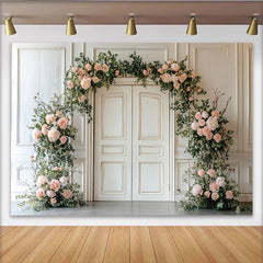 Lofaris Elegant White Door Floral Photography Backdrop with Pink Roses, Romantic Greenery Background for Wedding or Studio Photoshoot