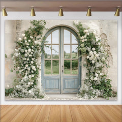Lofaris Elegant White Rose Wedding Backdrop with Arched Door and Greenery, Rustic Stone Wall Photography Background for Romantic Event Decor