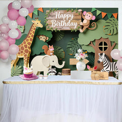 Lofaris Paper Cut Jungle Animal Happy Birthday Backdrop with Giraffe and Monkey, Safari Theme Background for Kids Party Decor