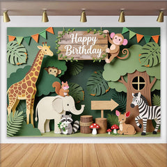Lofaris Paper Cut Jungle Animal Happy Birthday Backdrop with Giraffe and Monkey, Safari Theme Background for Kids Party Decor