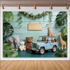 Lofaris Cute Safari Baby Shower Backdrop with Plush Animals and Blue Jeep, Jungle Theme Photography Background for Newborn Party