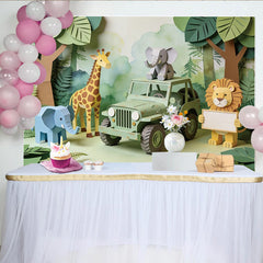 Lofaris Cute Papercraft Safari Baby Shower Backdrop with Jungle Animals, Green Jeep Photography Background for Kids Party Decor