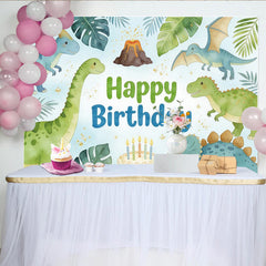 Lofaris Cute Cartoon Dinosaur Birthday Backdrop with Tropical Leaves and Volcano, Happy Birthday Party Decor for Kids Photoshoot and Cake Smash