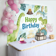 Lofaris Cute Cartoon Dinosaur Birthday Backdrop with Tropical Leaves and Volcano, Happy Birthday Party Decor for Kids Photoshoot and Cake Smash