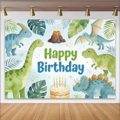 Lofaris Cute Cartoon Dinosaur Birthday Backdrop with Tropical Leaves and Volcano, Happy Birthday Party Decor for Kids Photoshoot and Cake Smash