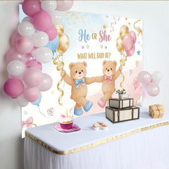 Lofaris He or She Teddy Bear Baby Shower Backdrop, Blue and Pink Balloons Party Background for Gender Reveal Photoshoot.