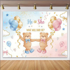 Lofaris He or She Teddy Bear Baby Shower Backdrop, Blue and Pink Balloons Party Background for Gender Reveal Photoshoot.