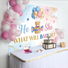 Lofaris Blue and Pink Gender Reveal Baby Shower Backdrop with Teddy Bear and Balloons, Gold Glitter Party Decor for Photoshoot