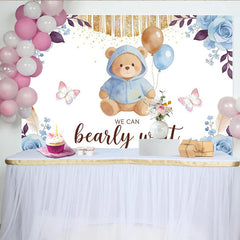 Lofaris Blue Teddy Bear Baby Shower Backdrop with Balloons Bearly Wait, Elegant Floral Background for Newborn Party Decor