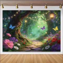 Lofaris Magical Enchanted Forest Backdrop with Butterflies and Glowing Lanterns, Dreamy Floral Photography Background for Fairy Tale Photoshoot