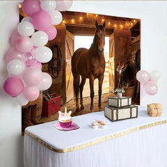 Lofaris Rustic Wooden Barn Photography Backdrop with Horse and String Lights, Cowboy Theme Background for Studio Portraits