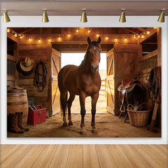 Lofaris Rustic Wooden Barn Photography Backdrop with Horse and String Lights, Cowboy Theme Background for Studio Portraits