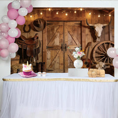 Lofaris Rustic Western Photography Backdrop with Wooden Barn Doors and String Lights, Cowboy Theme Studio Background for Photoshoot