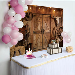 Lofaris Rustic Western Photography Backdrop with Wooden Barn Doors and String Lights, Cowboy Theme Studio Background for Photoshoot