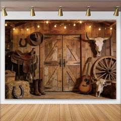 Lofaris Rustic Western Photography Backdrop with Wooden Barn Doors and String Lights, Cowboy Theme Studio Background for Photoshoot