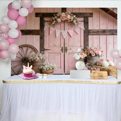 Lofaris Pink Rustic Floral Photography Backdrop with Barn Door and Wagon Wheel, Elegant Studio Background for Portrait Photoshoot