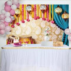 Lofaris Vibrant Indian Cultural Photography Backdrop with Ornate Lanterns and Drums, Golden Paisley Background for Festive Event Decor