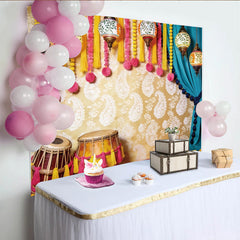 Lofaris Vibrant Indian Cultural Photography Backdrop with Ornate Lanterns and Drums, Golden Paisley Background for Festive Event Decor