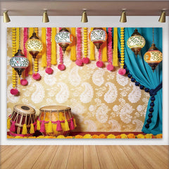 Lofaris Vibrant Indian Cultural Photography Backdrop with Ornate Lanterns and Drums, Golden Paisley Background for Festive Event Decor