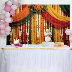 Lofaris Vibrant Floral Garland Photography Backdrop with Draped Fabrics and Orange Roses, Festive Studio Background for Cultural Events