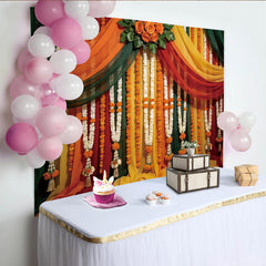 Lofaris Vibrant Floral Garland Photography Backdrop with Draped Fabrics and Orange Roses, Festive Studio Background for Cultural Events