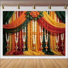 Lofaris Vibrant Floral Garland Photography Backdrop with Draped Fabrics and Orange Roses, Festive Studio Background for Cultural Events