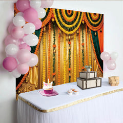 Lofaris Vibrant Marigold Wedding Backdrop with Golden Bells and Green Garlands, Elegant Festive Event Decor for Photography and Celebrations.