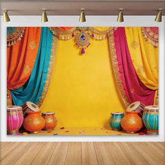 Lofaris Vibrant Indian Festival Backdrop with Colorful Drapes, Traditional Instruments and Elegant Photo Background for Cultural Celebrations.