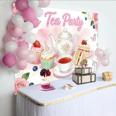 Lofaris Pink Floral Tea Party Birthday Backdrop with Unicorn and Sweets, Elegant Dessert Table Background for Girls Party Decoration