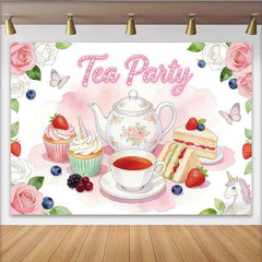 Lofaris Pink Floral Tea Party Birthday Backdrop with Unicorn and Sweets, Elegant Dessert Table Background for Girls Party Decoration