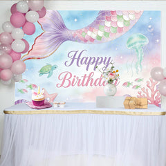 Lofaris Pastel Mermaid Happy Birthday Backdrop with Underwater Creatures and Glitter, Dreamy Ocean Theme Background for Girls Party