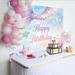 Lofaris Pastel Mermaid Happy Birthday Backdrop with Underwater Creatures and Glitter, Dreamy Ocean Theme Background for Girls Party