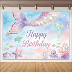 Lofaris Pastel Mermaid Happy Birthday Backdrop with Underwater Creatures and Glitter, Dreamy Ocean Theme Background for Girls Party
